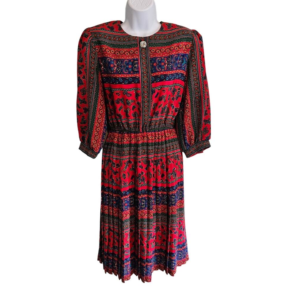 Vintage Lady Carol Red Paisley Pleated Modest Prairie Boho Midi Dress Size 10